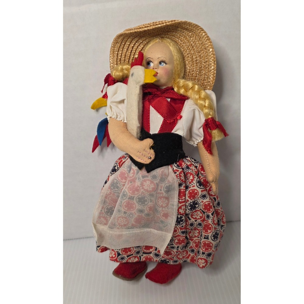 Vintage Handmade Folk Art Doll Girl w Rooster Straw‎ Hat 9in